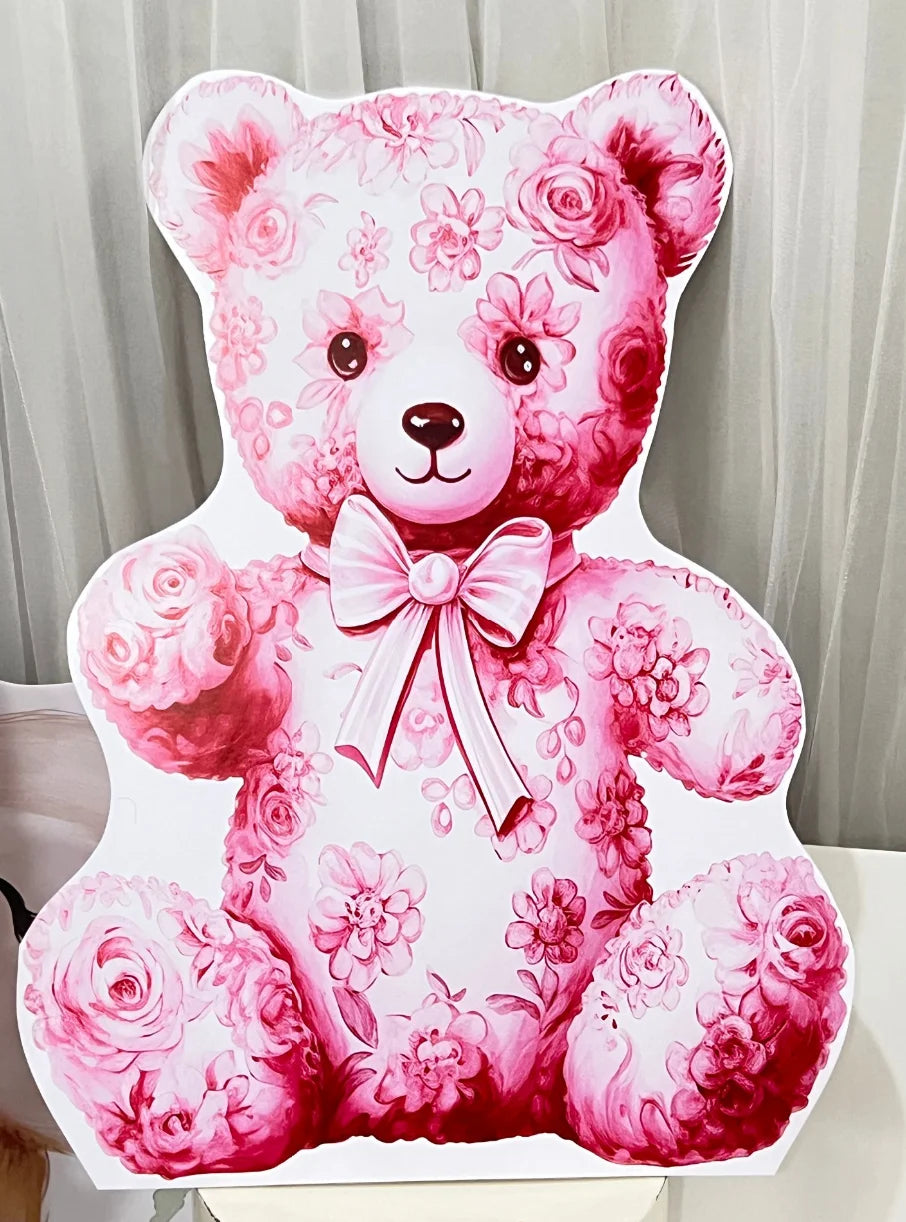 Decoración de telón de fondo para fiesta de cumpleaños con recortes de ositos de peluche de tablero KT para baby shower, rosa Toile De Jouy, globos aerostáticos, cartón, floral rosa
