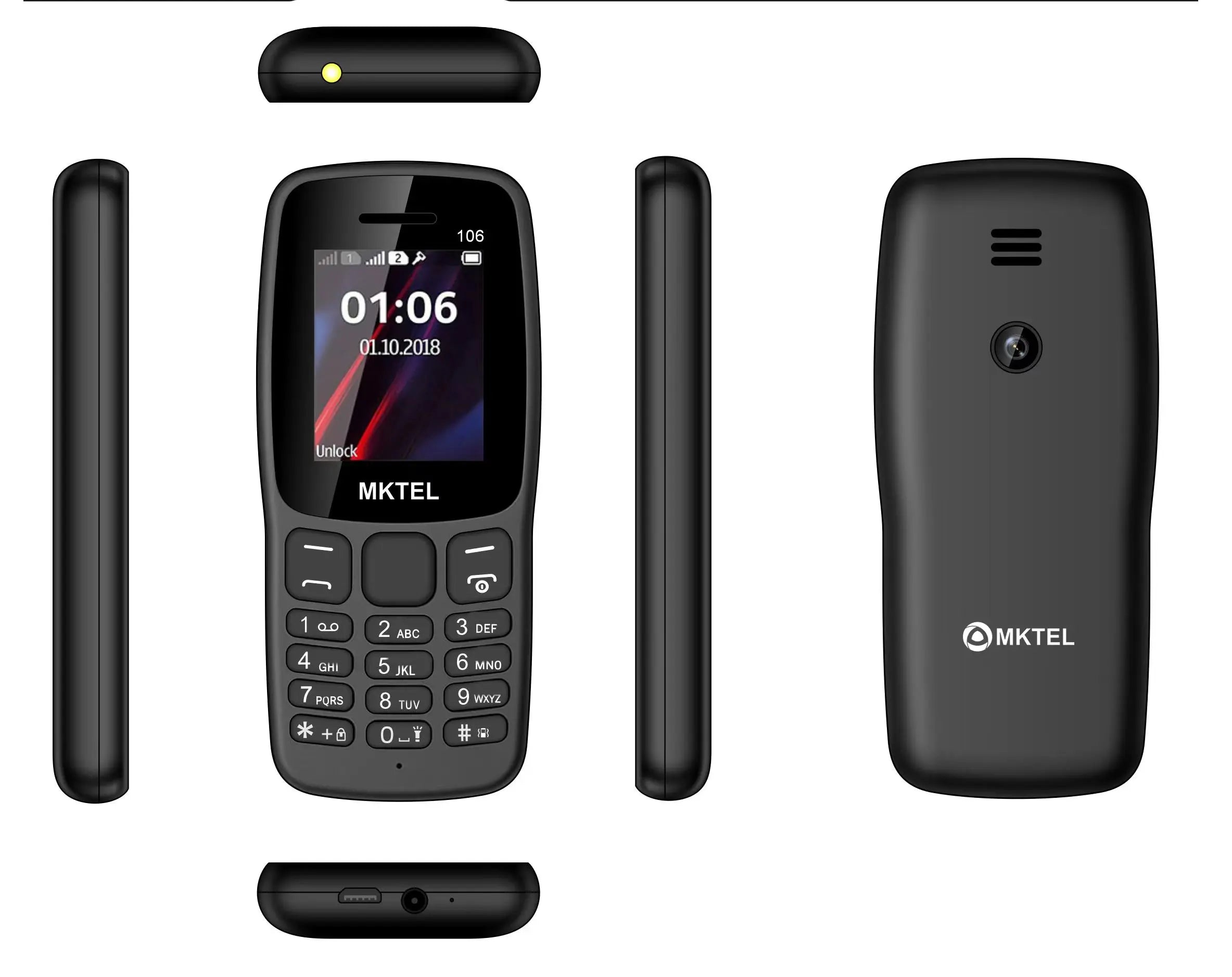 MKTEL 106 Black Phone, SC6533G, 1.77" Screen, 800mAh Battery, Quad Band, Speaker, Flashlight, with Box & Manual