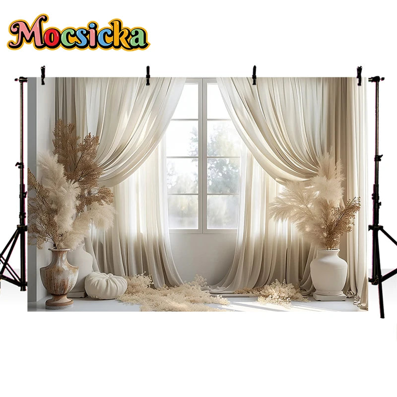 Fondo de fotografía Mocsicka Ventana interior blanca Floral Cumpleaños adulto Boda Maternidad Retrato Decoración Telón de fondo Estudio fotográfico