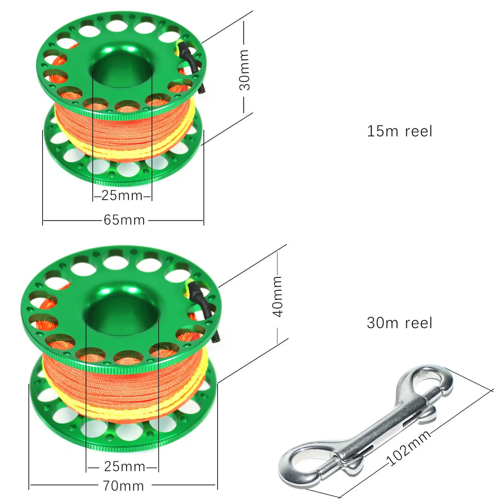 15M/30M Scuba Diving Aluminum Alloy Spool Finger Reel with Stainless Steel SMB Safe Equipment  Accessories Bolt Snap Hook