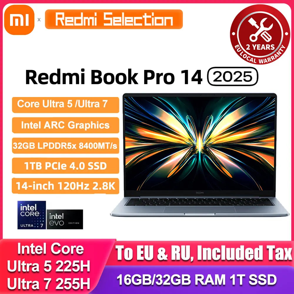 Xiaomi REDMI Book Pro 14 Laptop Ultra 7 255H/Ultra 5 225H Intel Arc Graphics 32GB LPDDR5X 1T SSD 14-inch 120Hz 2.8K Screen