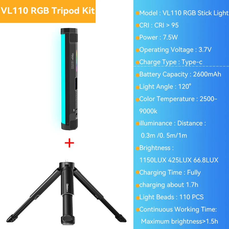 Ulanzi VL110 RGB Stick Light Led Video Tube Light Full Color Magnetic Handheld Lamp Dimmable Portable Photography Studio Light