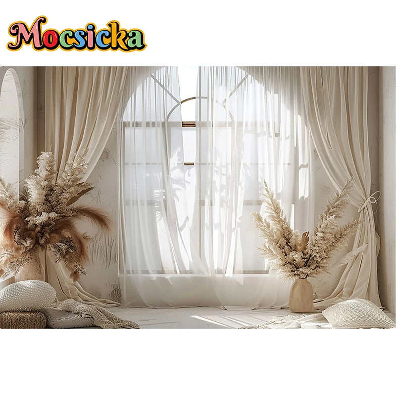 Fondo de fotografía Mocsicka Ventana interior blanca Floral Cumpleaños adulto Boda Maternidad Retrato Decoración Telón de fondo Estudio fotográfico