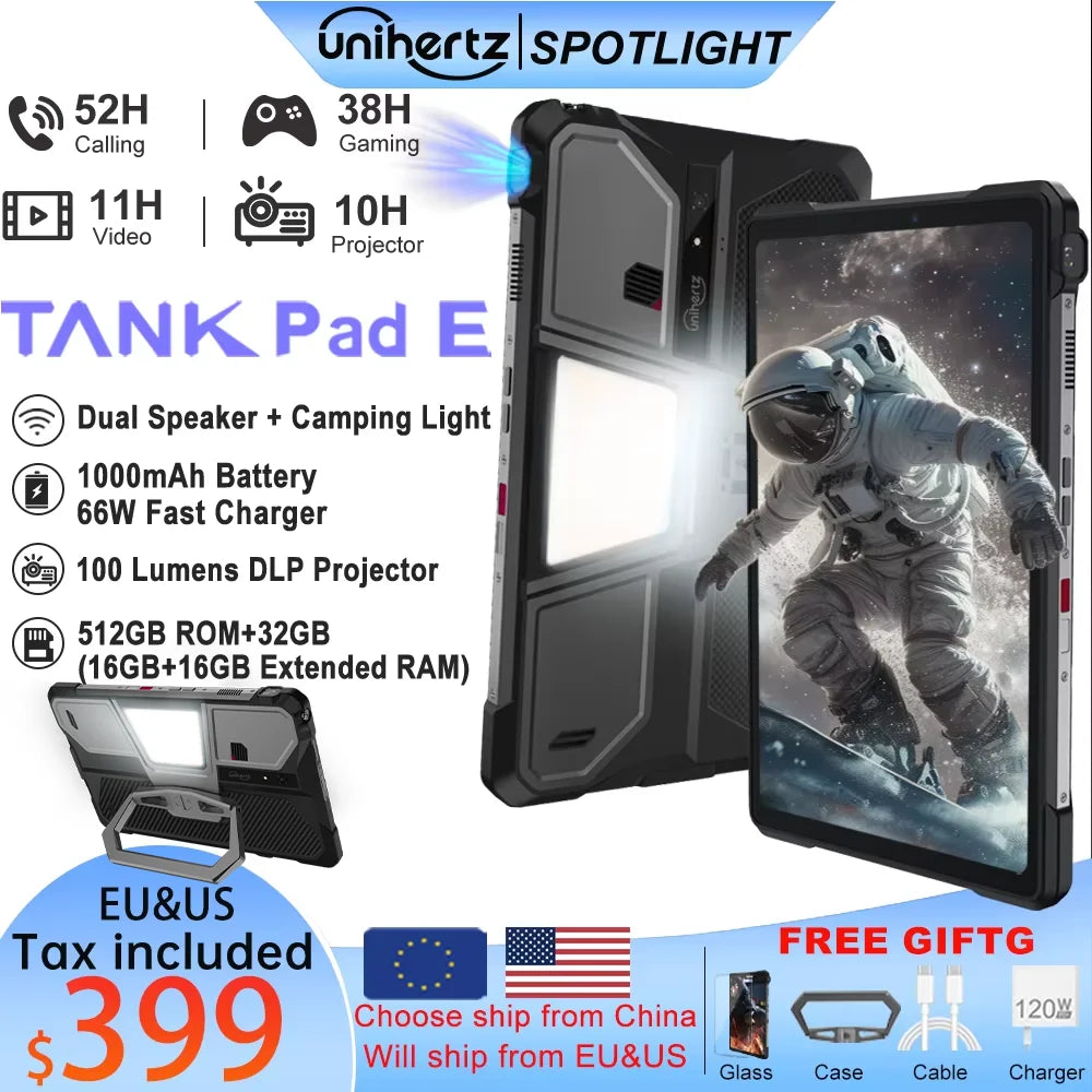 Tablet rugerizada Unihertz 8849 TANK PAD E con proyector Android 21000 mAh 120 Hz Cámara de 50 MP 24 GB 512 GB 66 W Tablet teléfono de 10,95 pulgadas