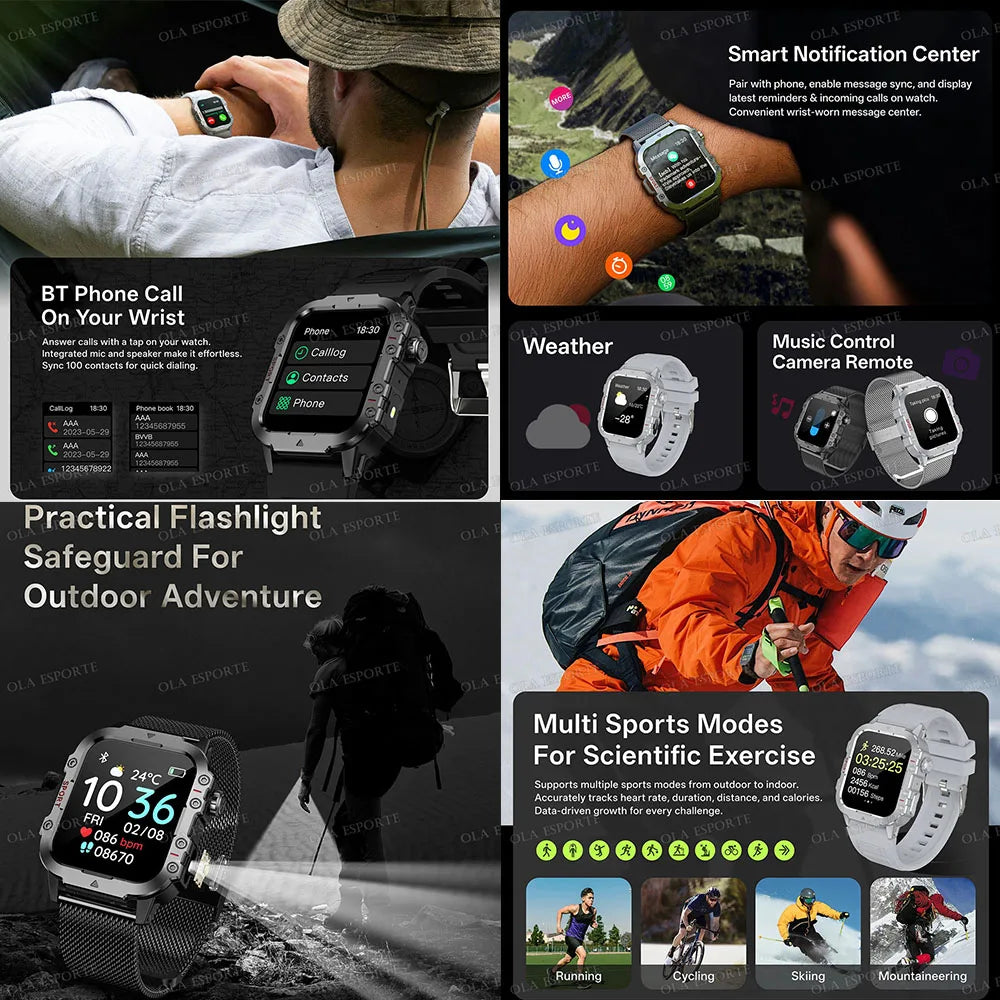 Militar Reloj Inteligente para Hombre, GPS, Linterna, Llamadas Bluetooth, Pantalla AMOLED de 2.01", 5 ATM Sumergible, Reloj Deportivo Inteligente