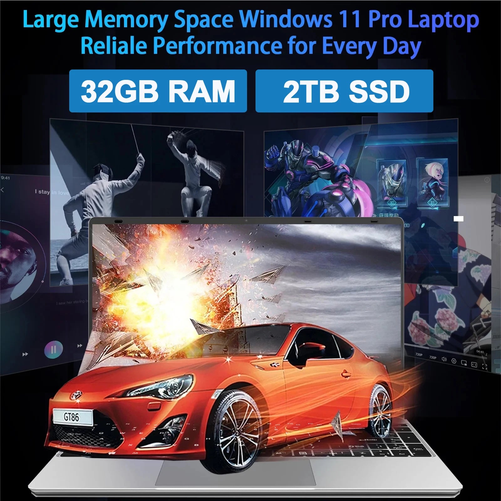 LENO Portátil Nuevo de 15.6" Intel 6500Y 32GB RAM 2TB SSD 5000mAh Office Windows11 Notebook PC Gamer con Huella Dactilar Retroiluminada