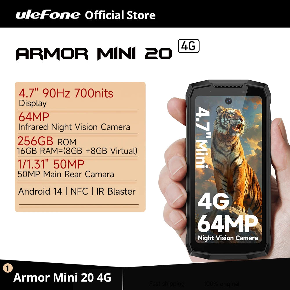 Ulefone Armor Mini 20 4G 4.7" Rugged Phone 64MP Night Camera Android 14 Smartphone 6200mAh Mobile phone NFC 16GB+256GB 33W G99