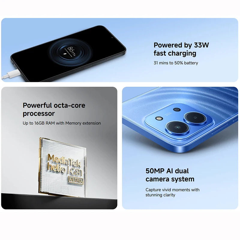 Global Version Redmi 15C 4G NFC Mobile Phone 50MP AI Dual Camera 6000mAh 33W Fast Charging Cellphone Smartphone 4G + 256GB