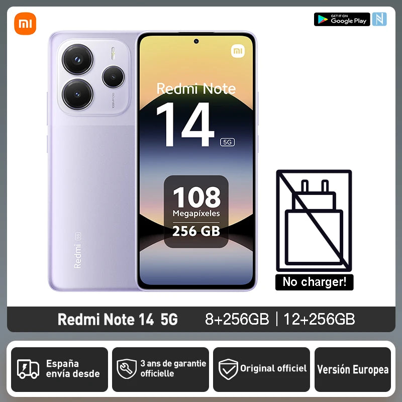 Xiaomi Redmi Note 14 5G European Version 8+256GB  Dimensity 7025-Ultra AMOLED Display 6.67" 120Hz 108MP Main Camera OIS 45W Charging, IP64, NFC