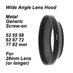 Metal Wide Angle Lens Hood Generic Screw-on Black with Filter Thread 52 55 58 62 67 72 77 82 mm for 28mm lens or longer