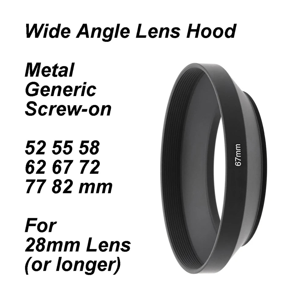 Metal Wide Angle Lens Hood Generic Screw-on Black with Filter Thread 52 55 58 62 67 72 77 82 mm for 28mm lens or longer