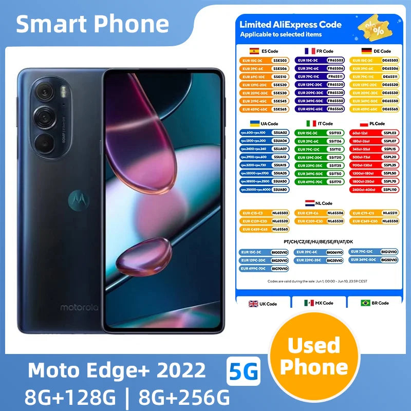 Motorola Moto Edge+ 2022 XT2201 5g ROM 256GB  6.7in AMOLED Screen CPU Snapdragon 8 Gen1 5000mAh Used Phone