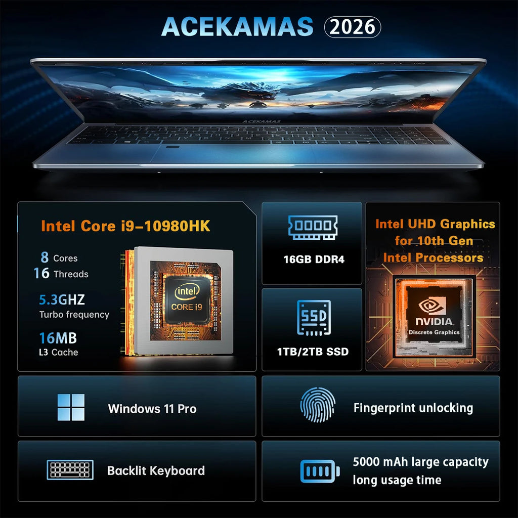 ACEKAMAS 15.6" Portable Gaming Laptop intel Core i9 10980HK IPS Windows 11 Pro Laptops Computer 16GB RAM 1TB 2TB SSD Notebook PC