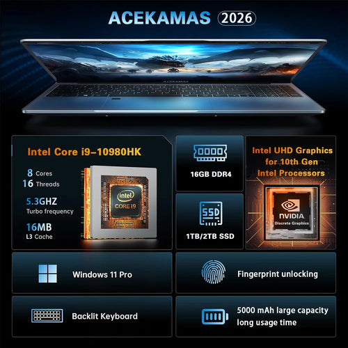 ACEKAMAS 15.6" Portable Gaming Laptop intel Core i9 10980HK IPS Windows 11 Pro Laptops Computer 16GB RAM 1TB 2TB SSD Notebook PC