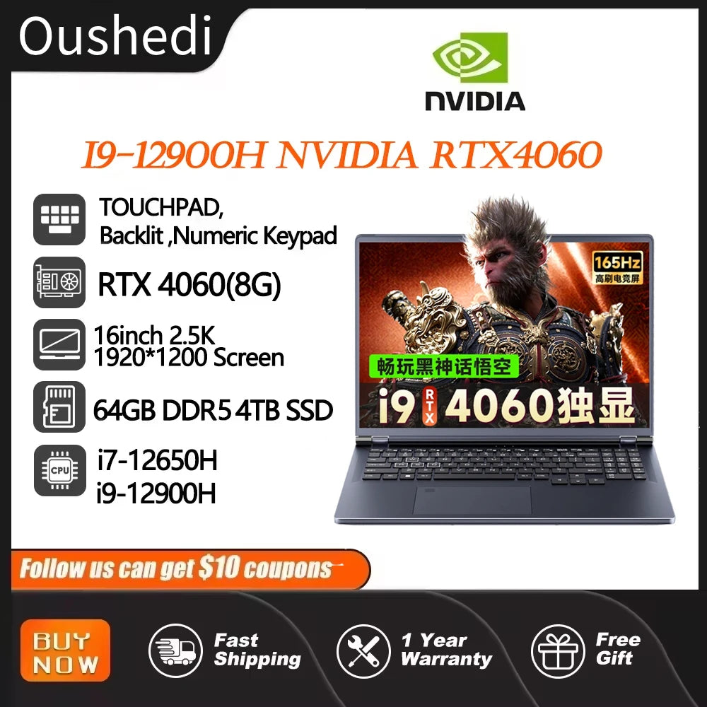 Portátil para videojuegos de 16 pulgadas Intel Core i9-12900H NVIDIA RTX 4060 8G 64GB RMD 4TB SSD DDR5 Windows 11 Cámara HD WiFi6 Ordenador portátil