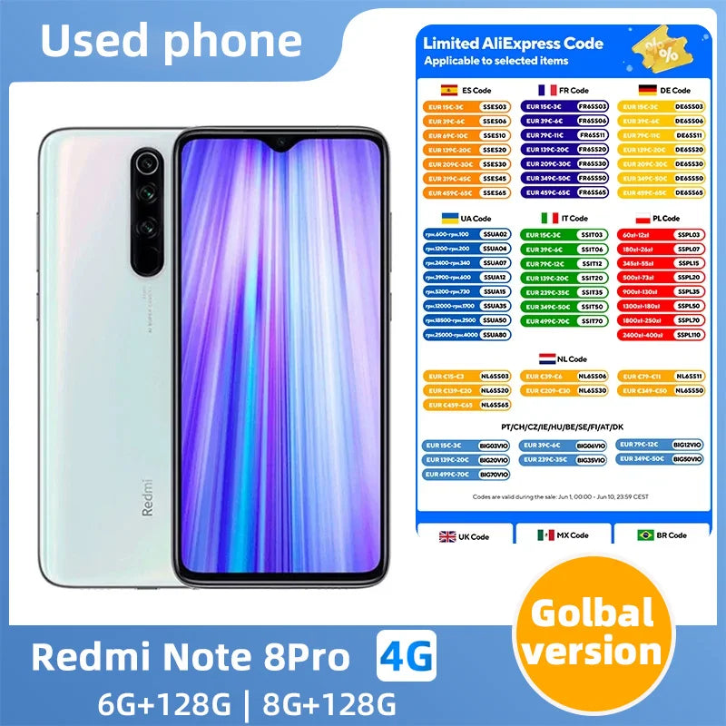 Redmi note 8 pro 4G Unlocked 128GB Android 6.53inch 4500mAh Battery 64MP camera used phone