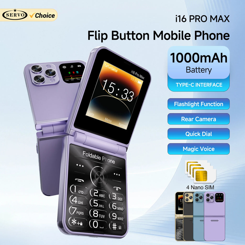 SERVO i16 PRO MAX Flip Mobile Phone 4 SIM Standby Speed Dial Magic Voice Flashlight Call Recording 2G GSM Button Fold Cellphones