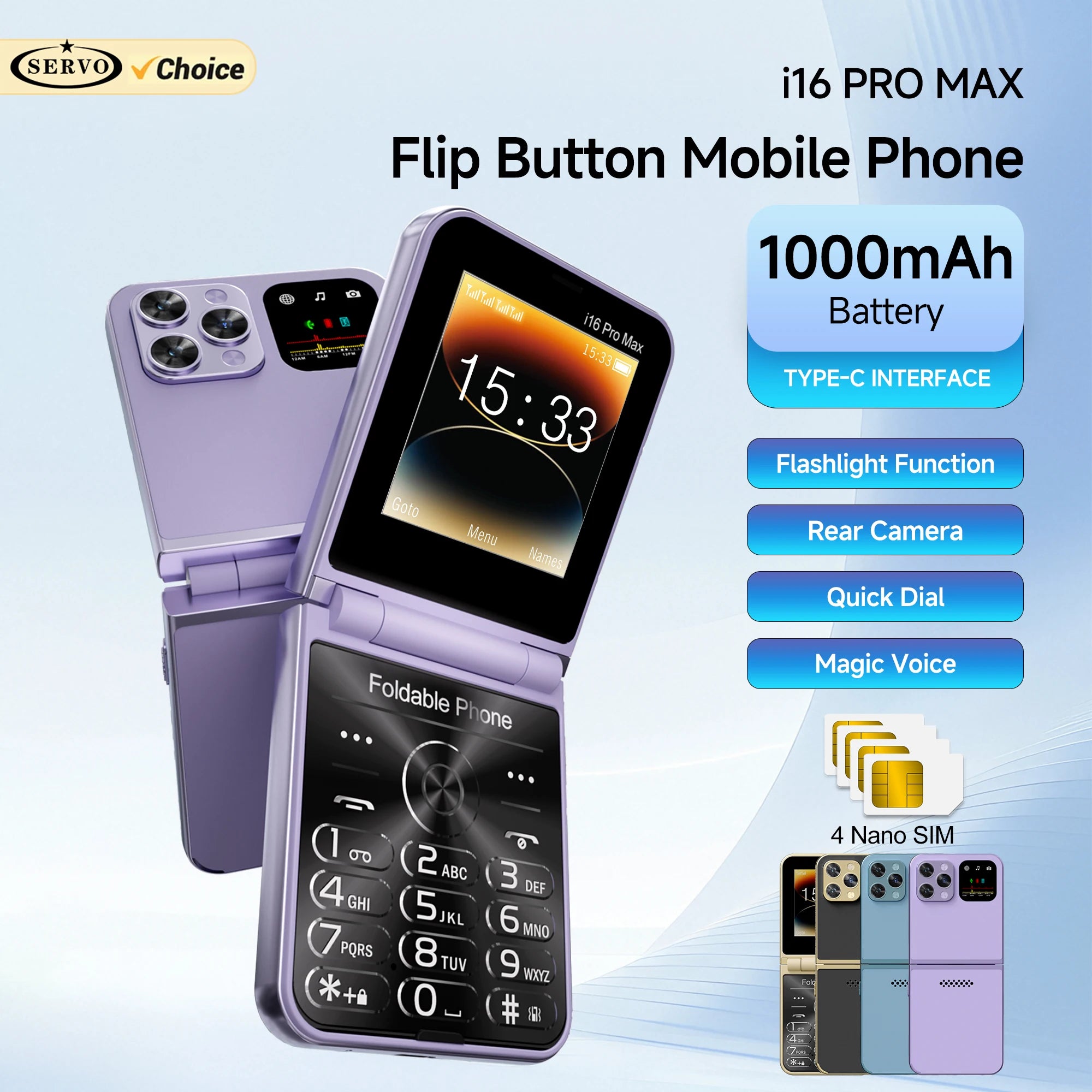 SERVO i16 PRO MAX Flip Mobile Phone 4 SIM Standby Speed Dial Magic Voice Flashlight Call Recording 2G GSM Button Fold Cellphones