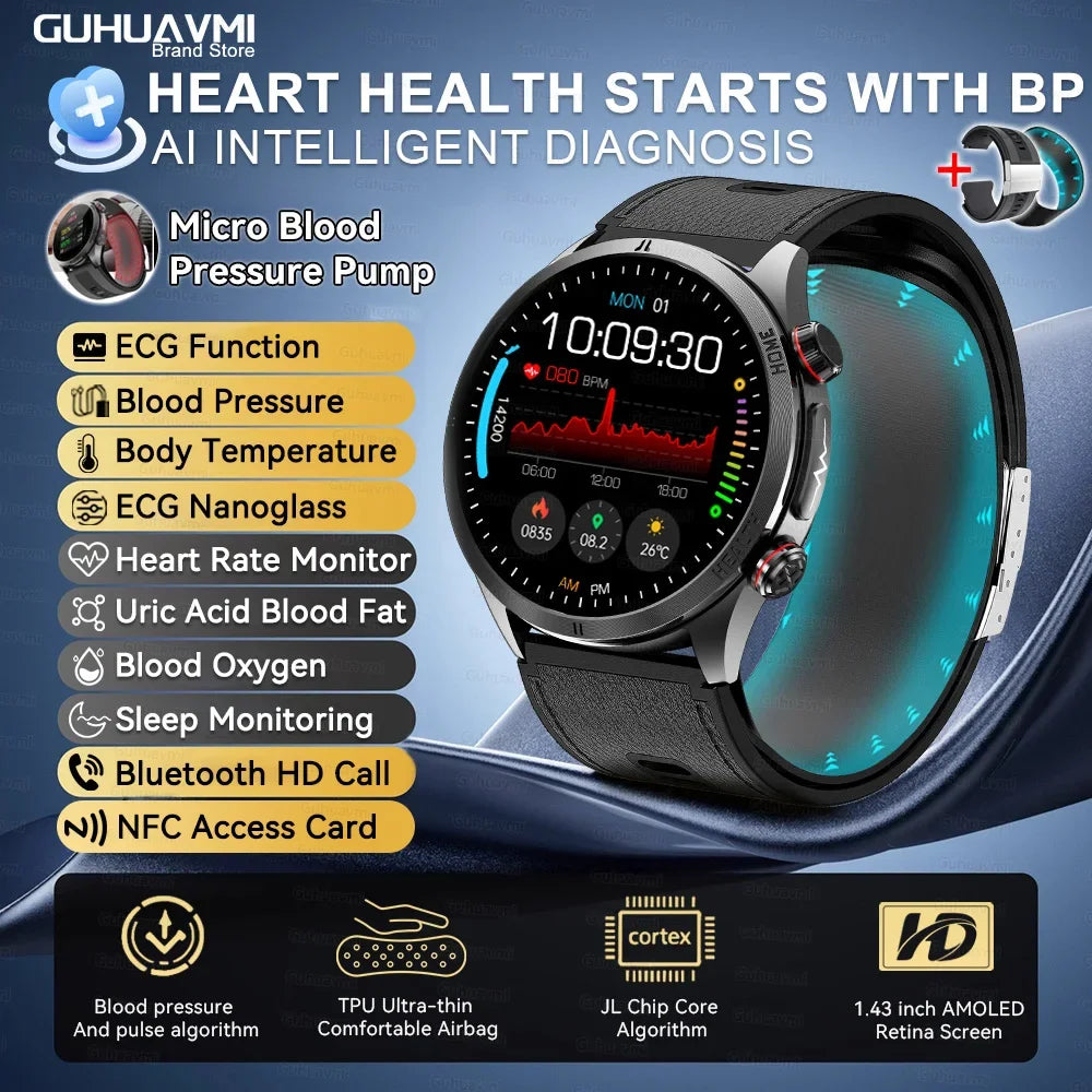 2026 New AI diagnosis Air Pump Smart Watches Accurate Measure Blood Pressure Uric Acid ECG Call NFC Health Airbag Smartwatch Men