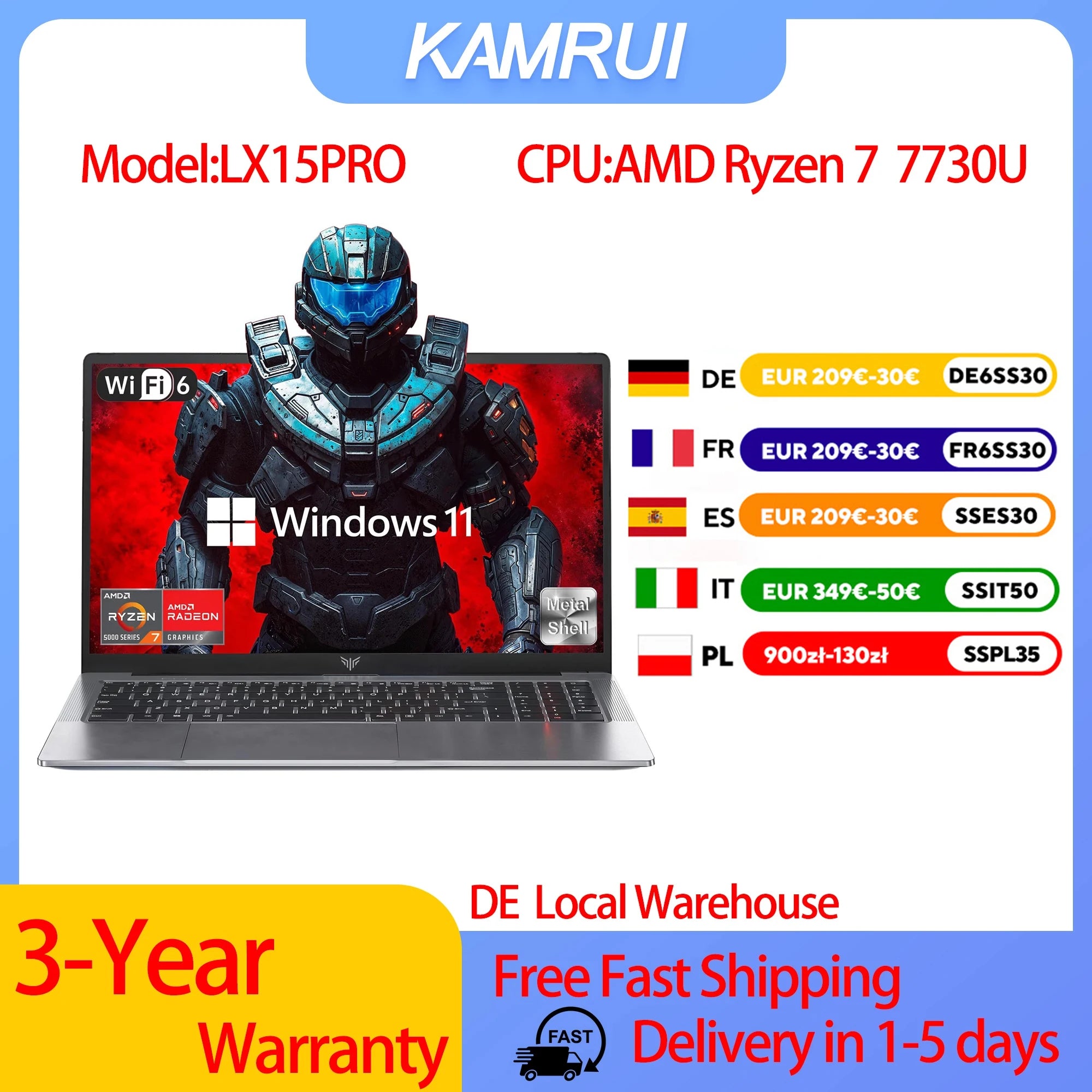 Portátil para juegos KAMRUI de 15.6 pulgadas con AMD Ryzen 7 7730U 16 GB 512 GB Windows 11, computadora portátil de alto rendimiento, Radeon WiFi 6