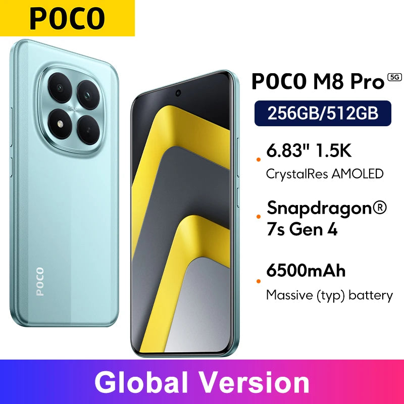 Global Version POCO M8 Pro 50MP main Camera 6.83"CrystalRes AMOLED display mobilephones Smartphone Snapdragon® 7s Gen 4
