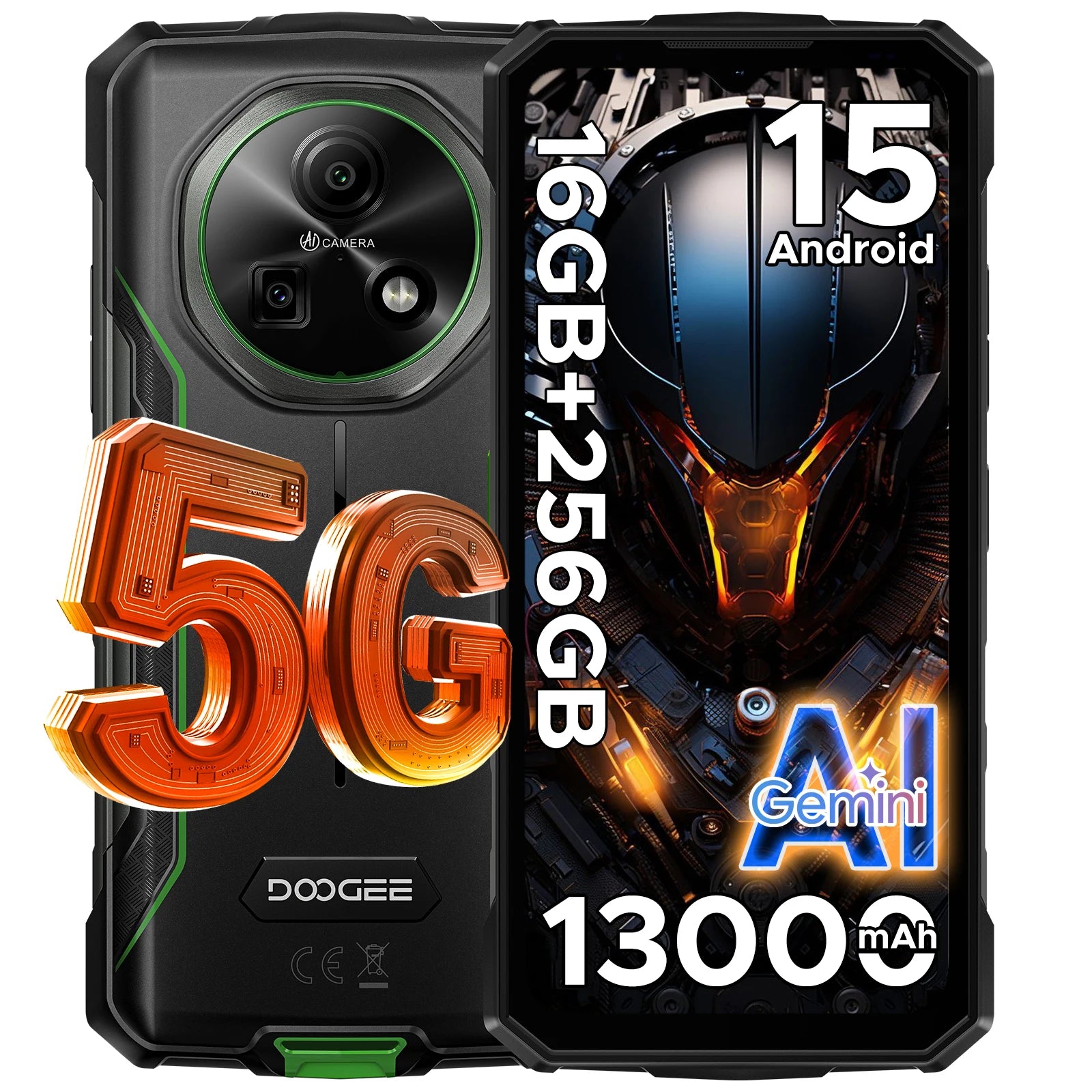 DOOGEE Fire 7 5G Rugged Phone Gemini AI 16GB (4+12) 256GB 13000mAh Battery Dimensity 6300 Smart phone NFC Android 15 64MP Camera