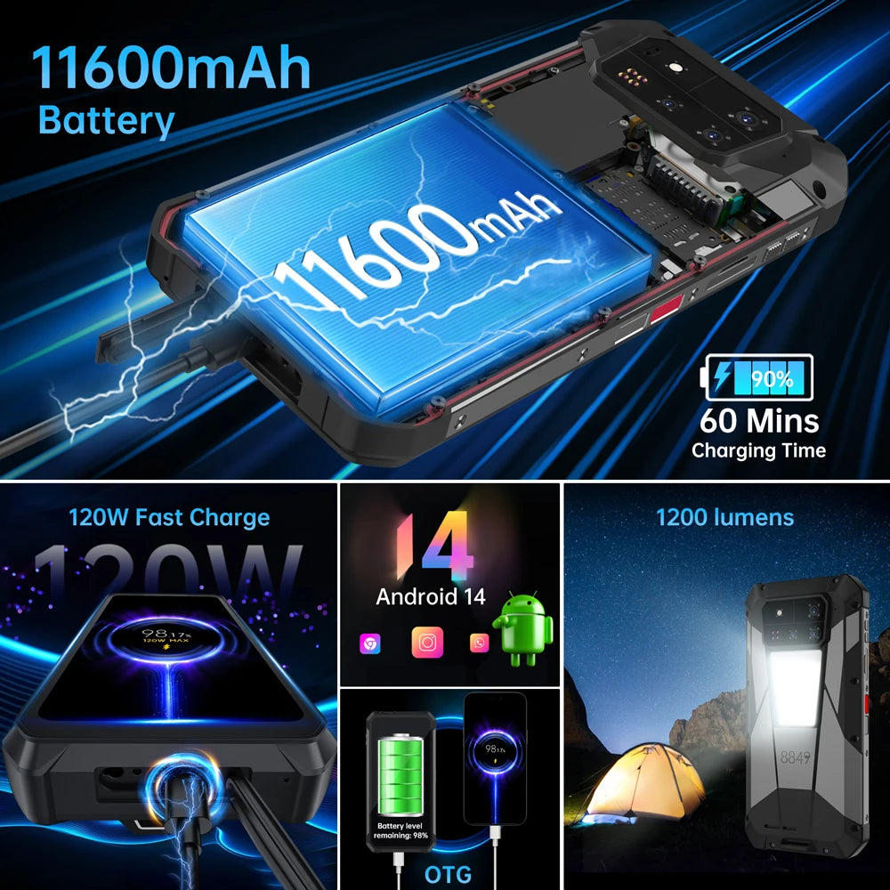 Unihertz by 8849 Tank 4 pro 5G AI Rugged Phone Built-in 720P Projector Dimensity 8300 512GB/1TB ROM 3k AMOLED 11600mAh IP68/IP69