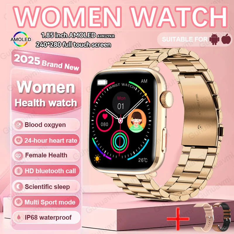 2025 New NFC Smart Watch Women AMOLED HD Screen IP68 Waterproof Blood Oxygen Heart Rate BT Call Smartwatch Watch