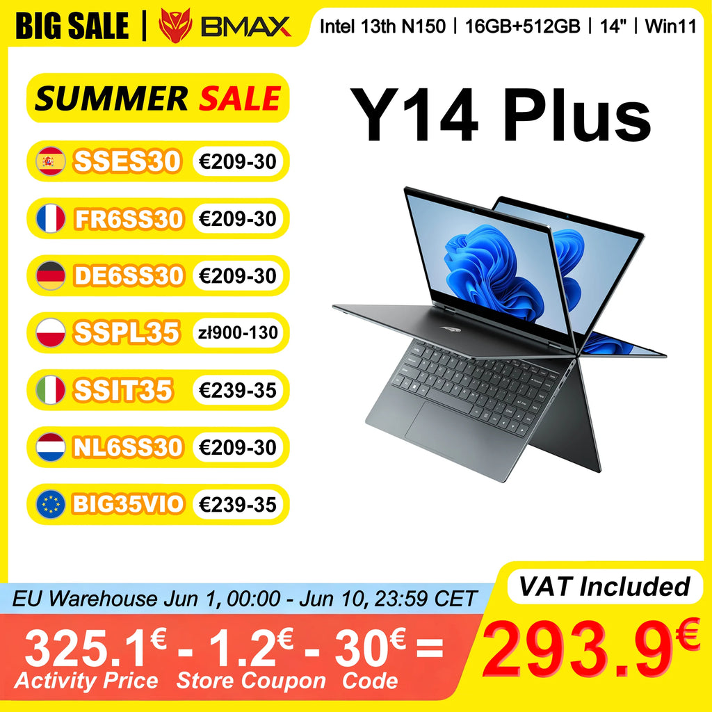 BMAX Y14 Plus Laptop 14 Inch Touch Screen 16GB RAM 512GB SSD Intel N150 1920*1080 IPS 360°Convertible Notebook Windows 11
