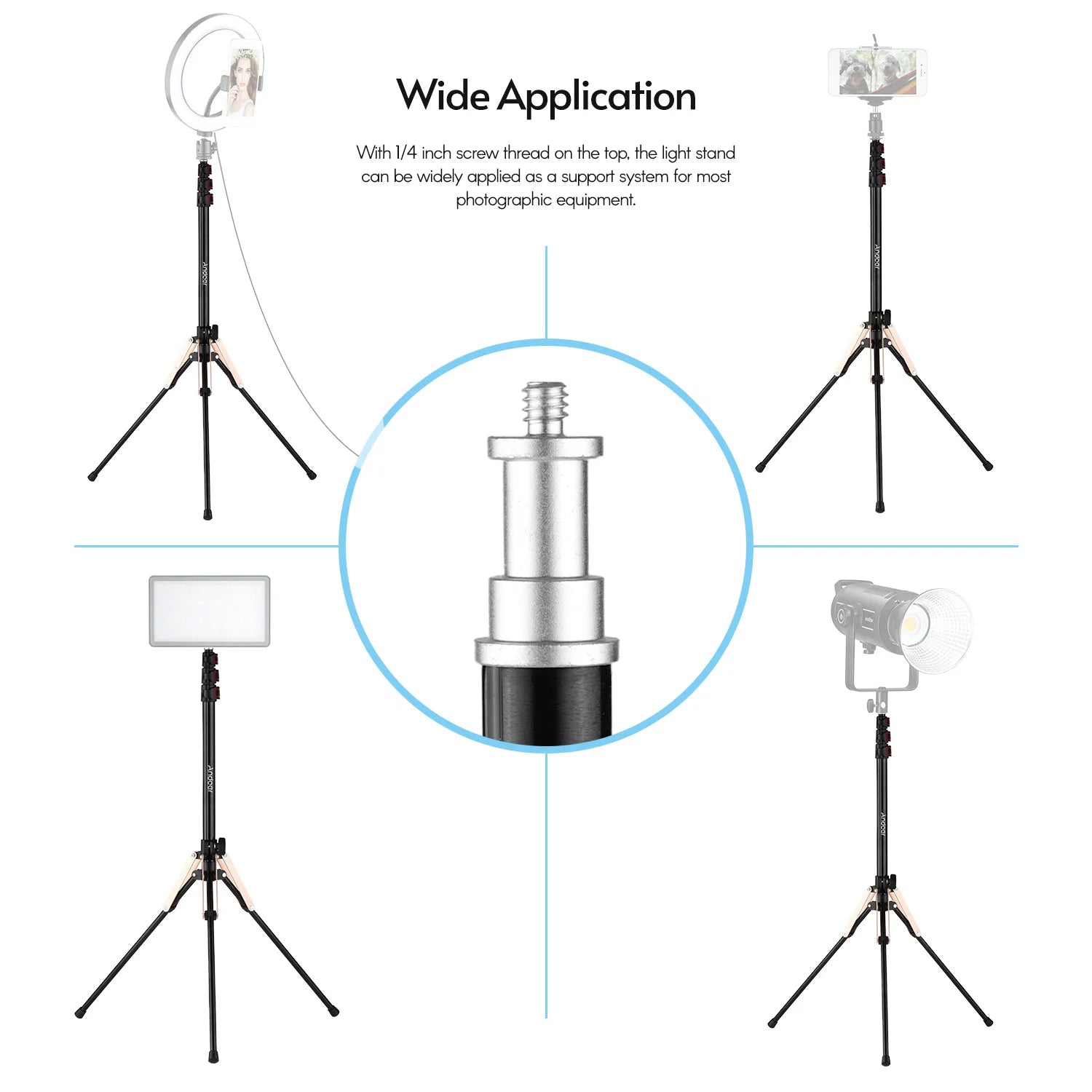 Andoer 190cm/74.8 Inch Portable Aluminum Alloy Photography Light Stand Reverse Folding Leg Stand 3-Section Flip Locks Design