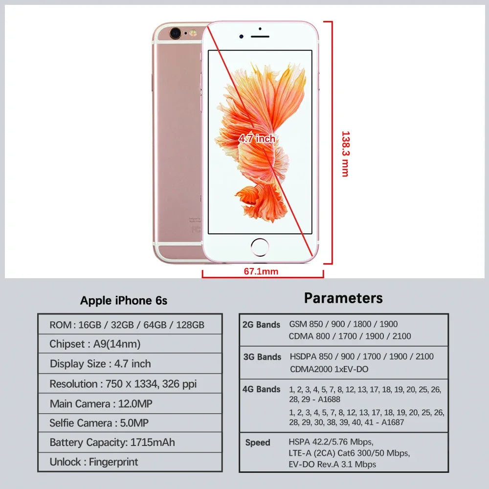Original iPhone 6s 4.7" 4G Mobile Cell Phone 16/64/128GB ROM Touch ID 5MP+12MP Camera Dual Core IOS CellPhone Original Unlocked
