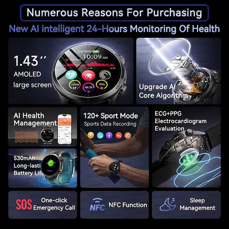 2026 New AI diagnosis Air Pump Smart Watches Accurate Measure Blood Pressure Uric Acid ECG Call NFC Health Airbag Smartwatch Men