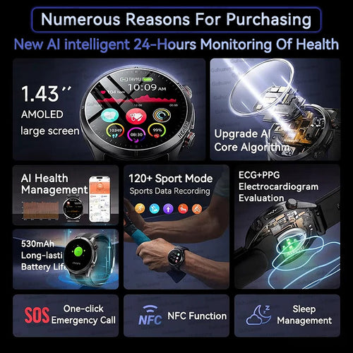 2026 New AI diagnosis Air Pump Smart Watches Accurate Measure Blood Pressure Uric Acid ECG Call NFC Health Airbag Smartwatch Men