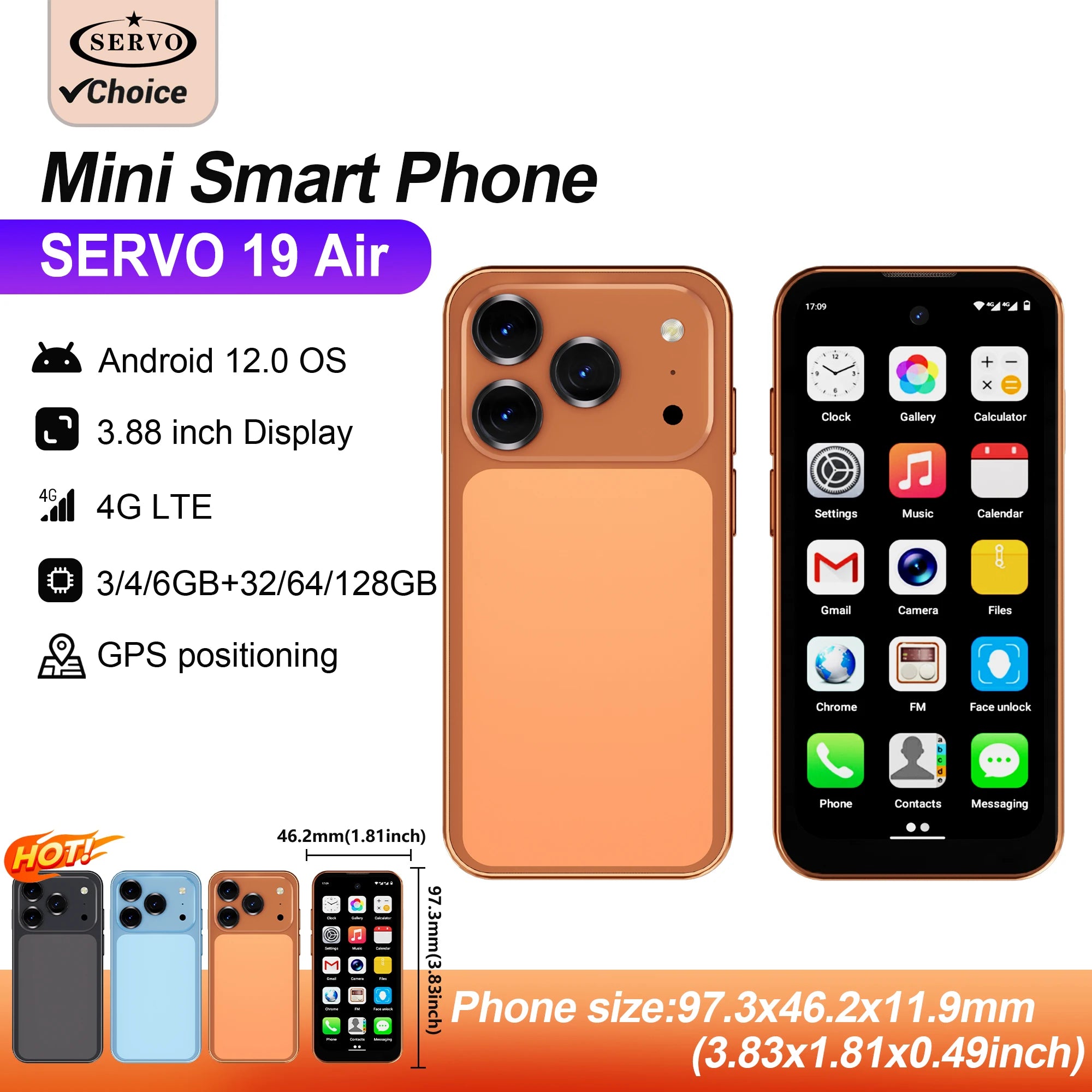 SERVO 19Air mini Android Smartphone 4G LTE 3.88" HD Display Dua SIM Card 2000mAh 6GB+128GB Small Mobile Phone GPS OTG Play Store