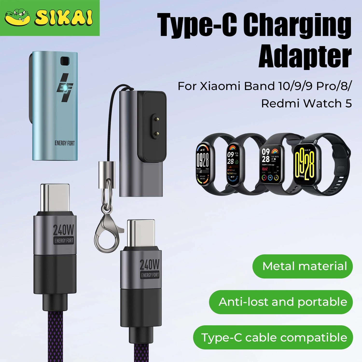 Type-C Charging Adapter USB C Mini Power Connector Protable Converter Plug For Xiaomi Smart Band 10 9 8 With Keychain