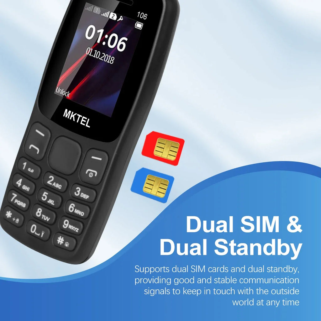 MKTEL 106 Black Phone, SC6533G, 1.77" Screen, 800mAh Battery, Quad Band, Speaker, Flashlight, with Box & Manual