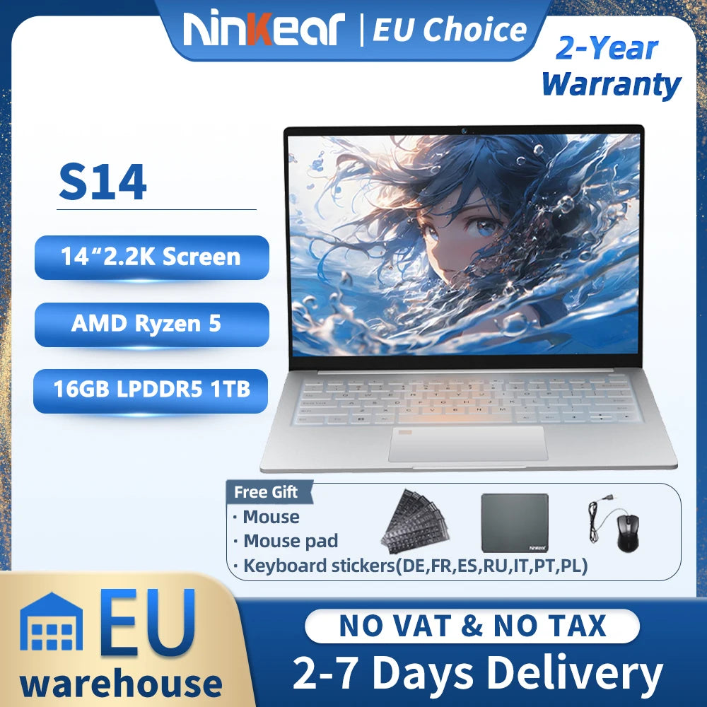 Ninkear S14 Ultra-portable Laptop With 1KG Weight AMD Ryzen 5 14 Inch 2.2K Windows 11 16GB LPDDR5 1TB SSD Computer Type-C