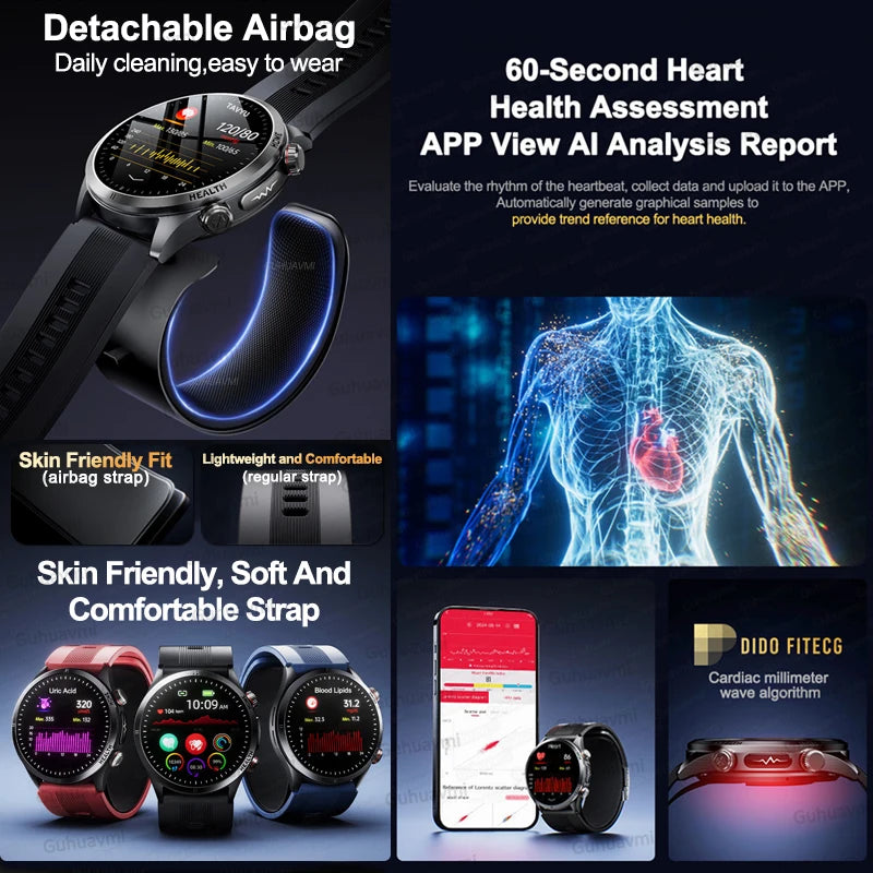 2026 New AI diagnosis Air Pump Smart Watches Accurate Measure Blood Pressure Uric Acid ECG Call NFC Health Airbag Smartwatch Men