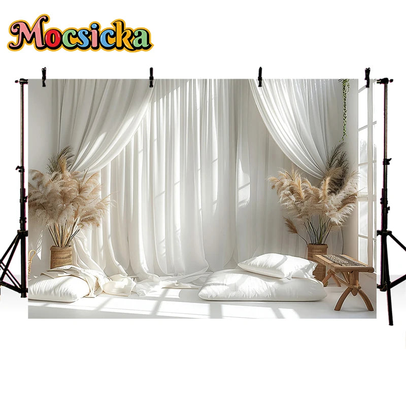 Fondo de fotografía Mocsicka Ventana interior blanca Floral Cumpleaños adulto Boda Maternidad Retrato Decoración Telón de fondo Estudio fotográfico
