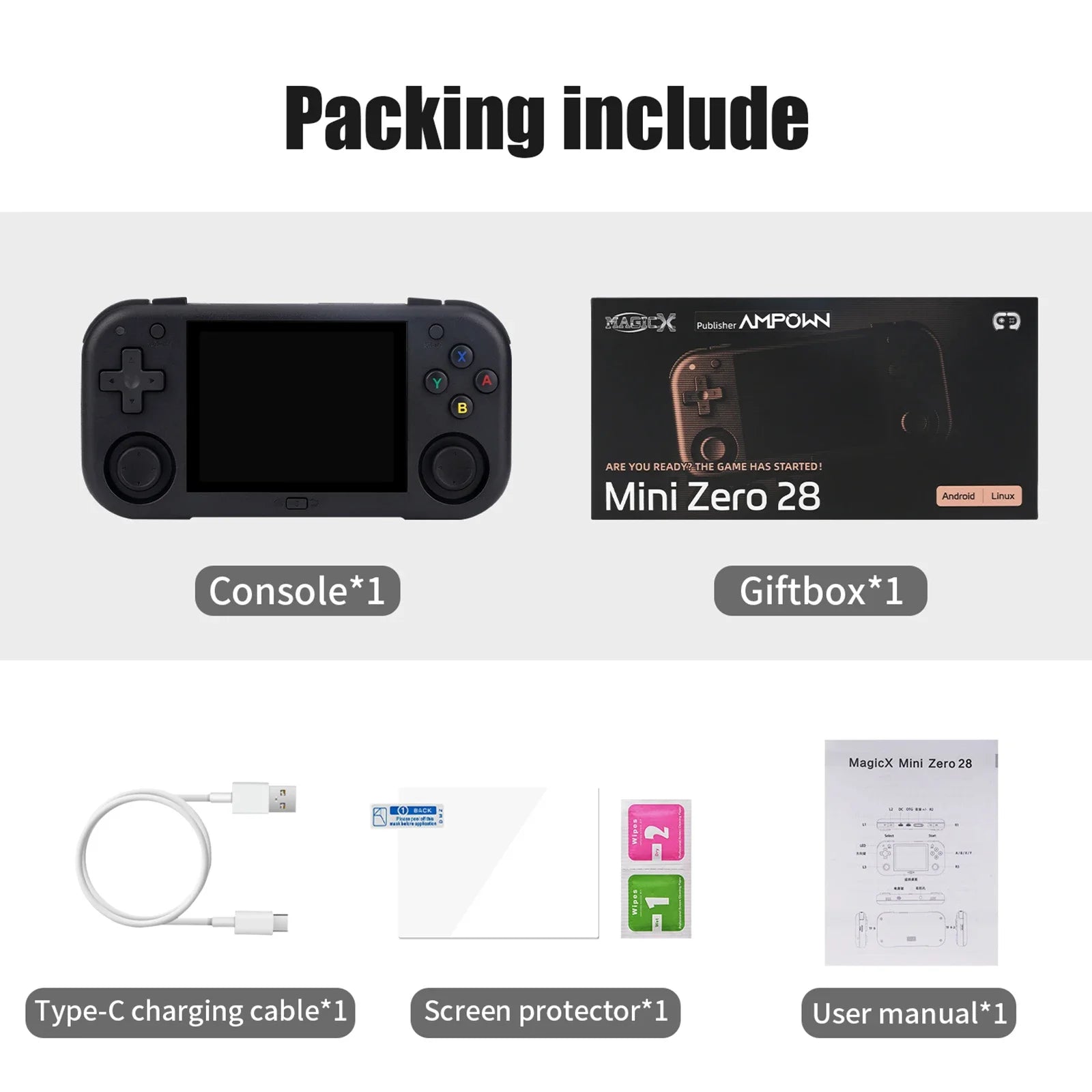 Ampown Mini Zero 28 Retro Handheld Game Console 2.8'' IPS Screen A133P Processor Android System MAGICX ZERO28 Video Player Gifts