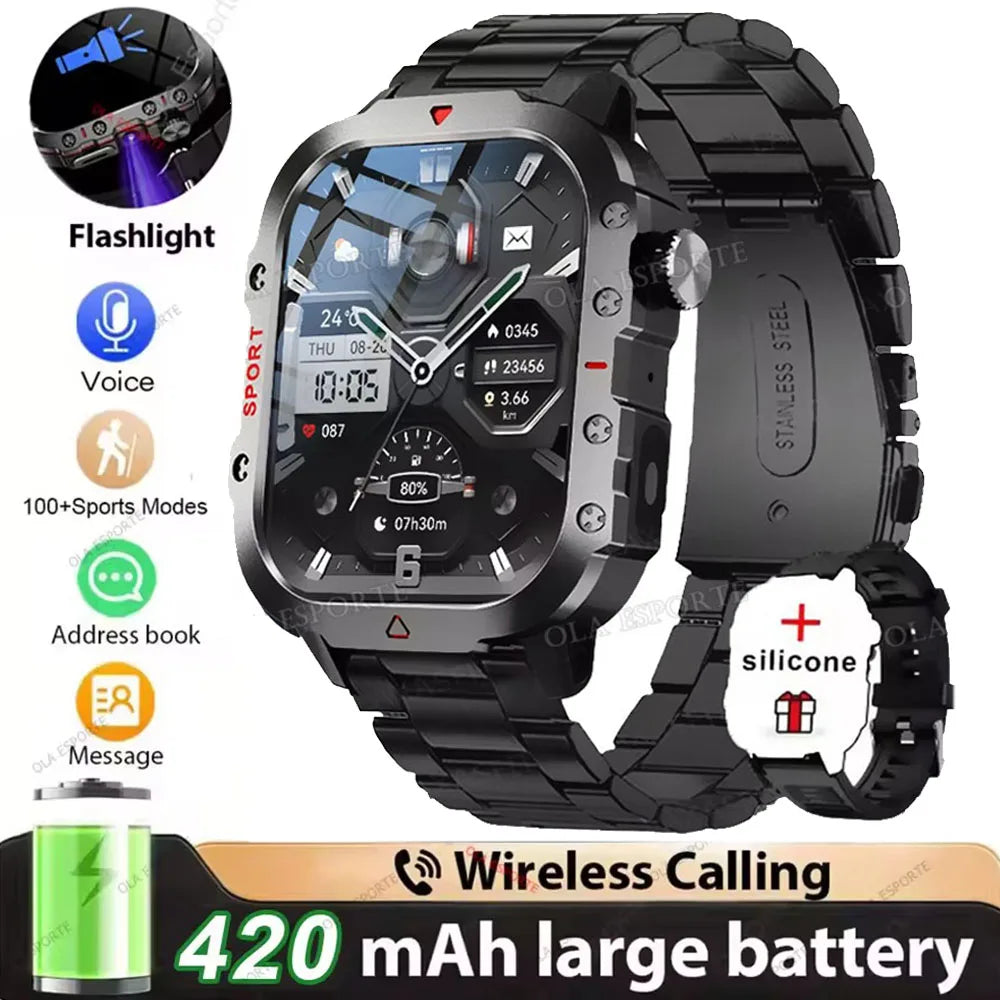 Militar Reloj Inteligente para Hombre, GPS, Linterna, Llamadas Bluetooth, Pantalla AMOLED de 2.01", 5 ATM Sumergible, Reloj Deportivo Inteligente
