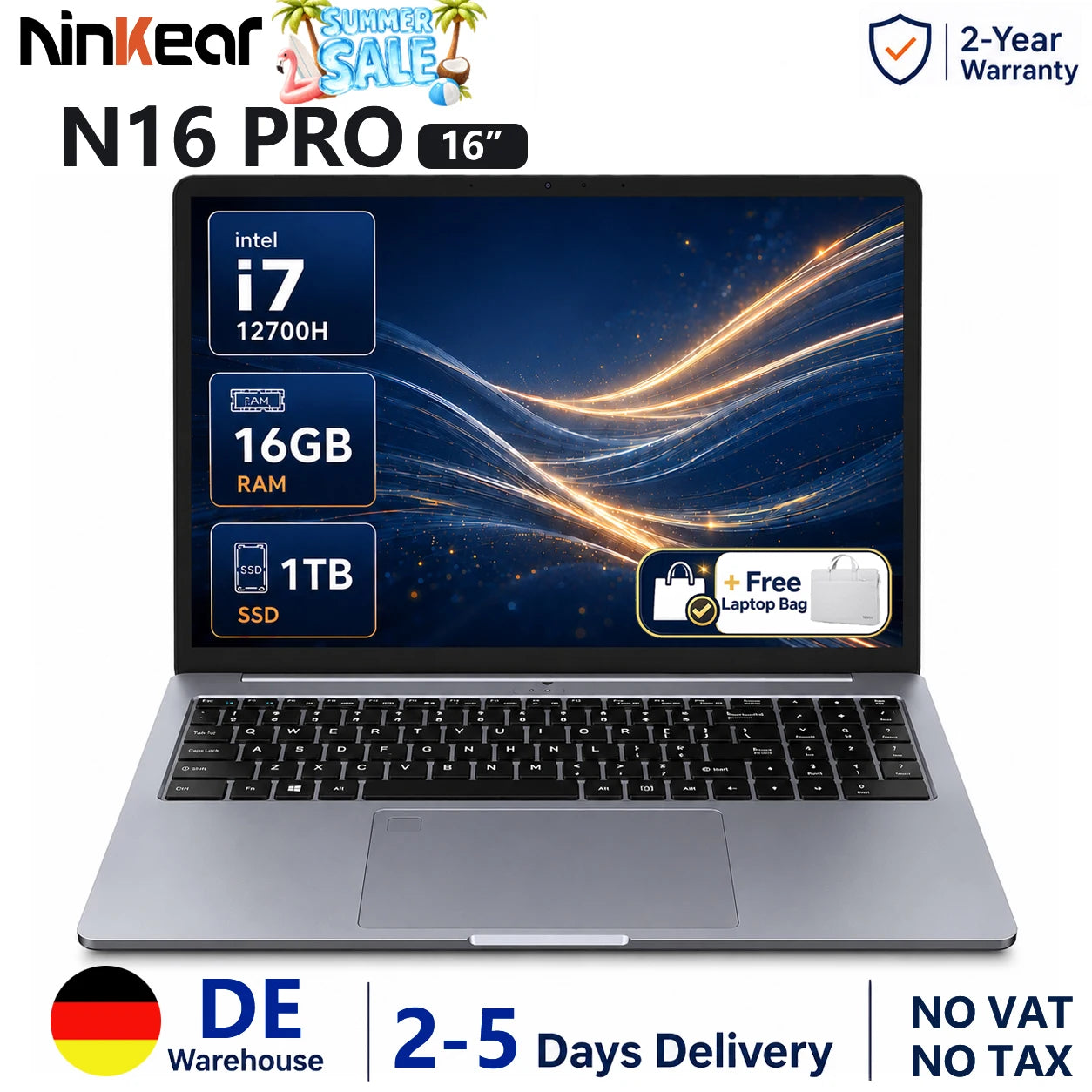 Ninkear N16 Pro Portátil de 16 Pulgadas Intel Core i7-12700H 16GB RAM 1TB SSD Pantalla 2.5K 120Hz WiFi 6 Desbloqueo por Huella Dactilar Teclado Retroiluminado Carga Rápida Portátil Delgado para Oficina Juegos Negocios Enchufe UE