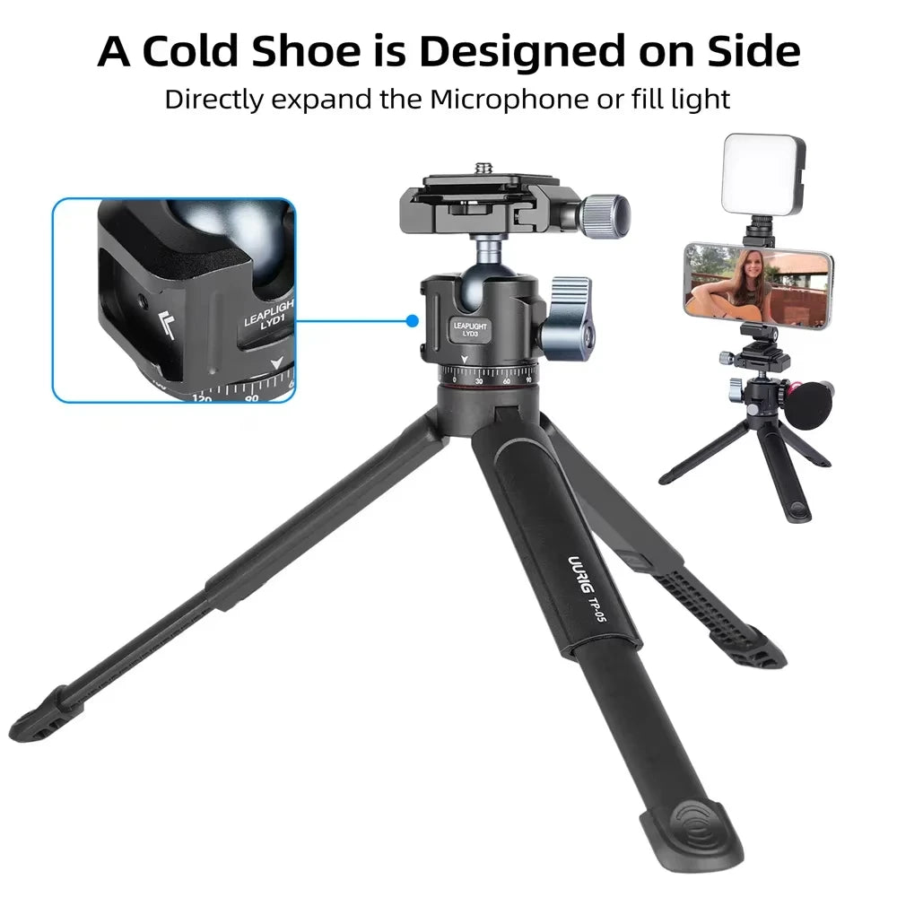 Rótula de bola de trípode de aluminio de liberación rápida con Arca Swiss + Soporte de zapata fría para cámara DSLR Monitor Micrófono Luz Trípode Fotografía