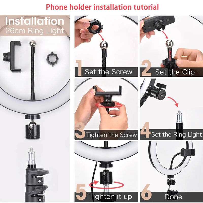26cm LED Selfie Ring Light Dimmable Led Photography RingLight With Tripod & Phone Stand for Youtube Video Live Makeup Fill Lamps