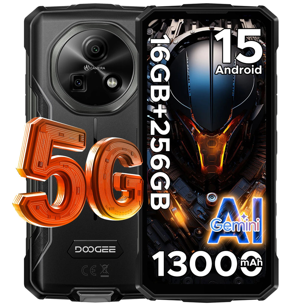 DOOGEE Fire 7 5G Rugged Phone Gemini AI 16GB (4+12) 256GB 13000mAh Battery Dimensity 6300 Smart phone NFC Android 15 64MP Camera
