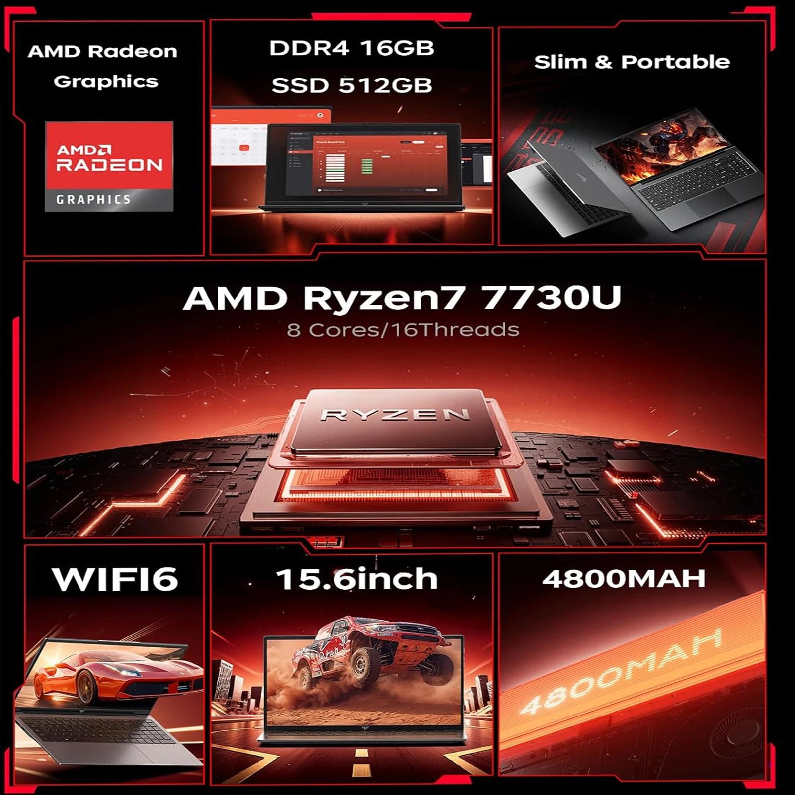 Portátil para juegos KAMRUI de 15.6 pulgadas con AMD Ryzen 7 7730U 16 GB 512 GB Windows 11, computadora portátil de alto rendimiento, Radeon WiFi 6