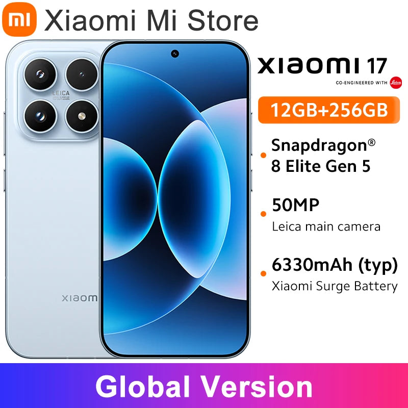 Global Version Xiaomi 17 Smartphone Snapdragon® 8 Elite Gen 5 Mobile Platform NFC 6.3" Xiaomi HyperOS 3 Up to 300Hz 6300mAh 50MP