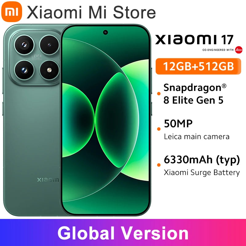 Global Version Xiaomi 17 Smartphone Snapdragon® 8 Elite Gen 5 Mobile Platform NFC 6.3" Xiaomi HyperOS 3 Up to 300Hz 6300mAh 50MP