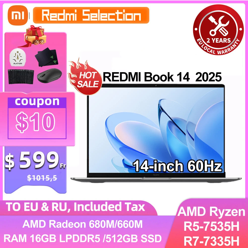 Portátil Xiaomi Redmi Book 14 2025 Ryzen 7-7735H/R5-7535H Radeon 680M/660M RAM 16GB SSD 512GB Pantalla 14 pulgadas 60Hz Ordenador Portátil Delgado