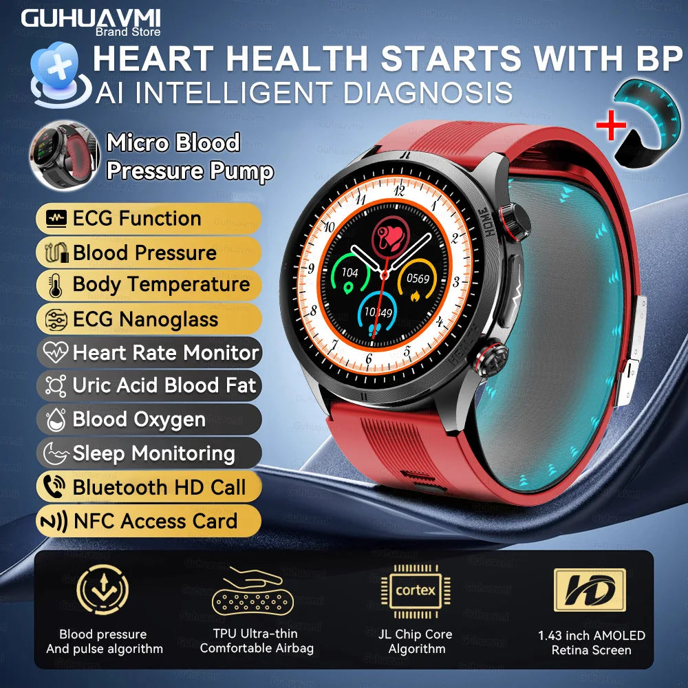 2026 New AI diagnosis Air Pump Smart Watches Accurate Measure Blood Pressure Uric Acid ECG Call NFC Health Airbag Smartwatch Men
